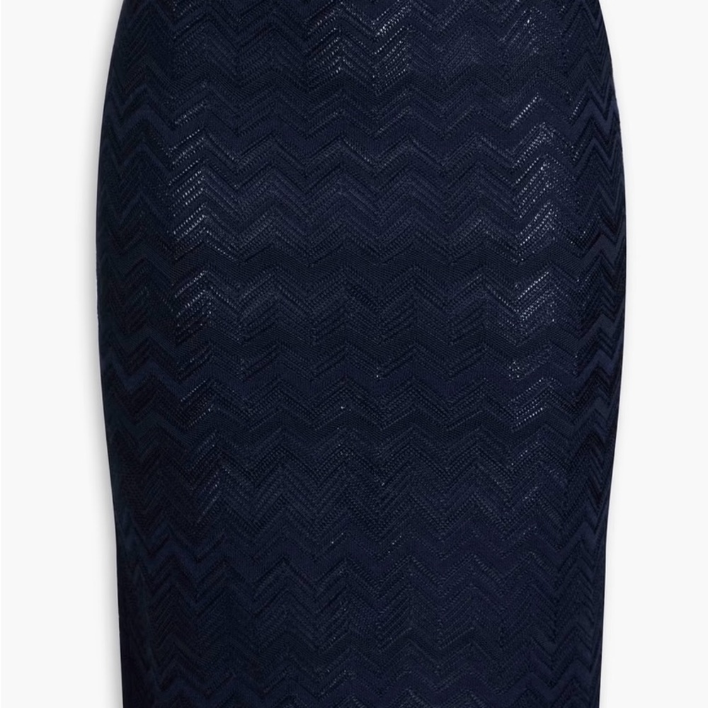 Missoni Elegant Crochet Knit Wool Blend Navy Blue Pencil Skirt